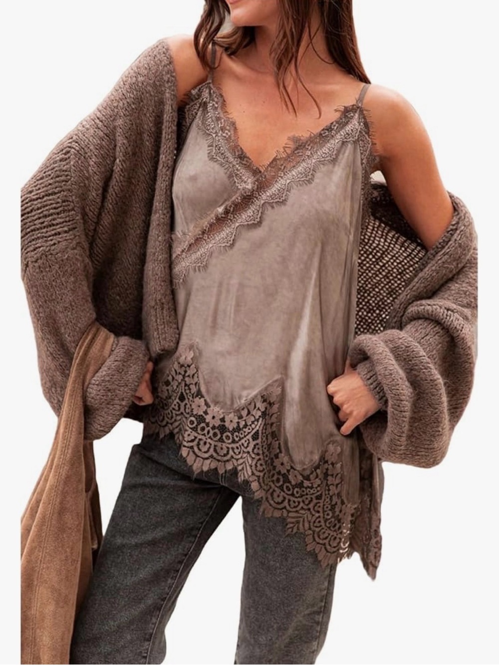 Lace-Trim Taupe Satin Cami